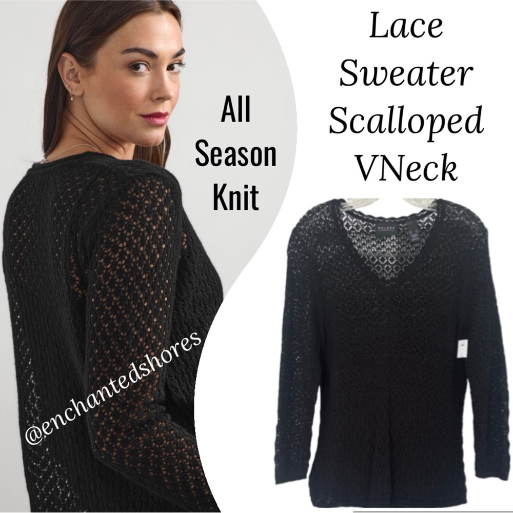 Vintage Y2K Sweater Open Knit Floral Ruffle Black Lace Fairycore 2000s Size XL